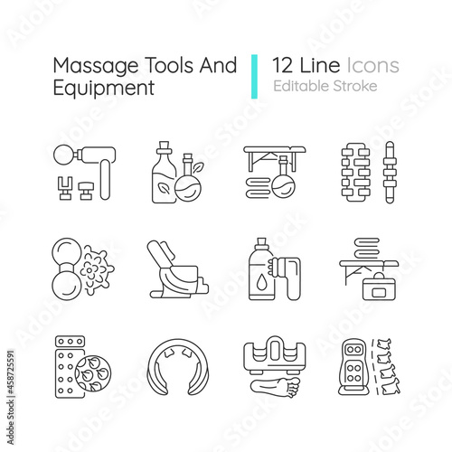 Massage tools and equipment linear icons set. Devices for stimulating back. Massaging equipment. Customizable thin line contour symbols. Isolated vector outline illustrations. Editable stroke