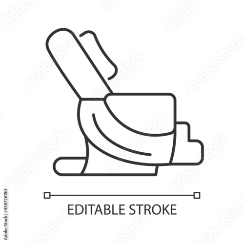 Massage chair linear icon. Massaging equipment. Spa salon, center. Muscle relieving. Thin line customizable illustration. Contour symbol. Vector isolated outline drawing. Editable stroke