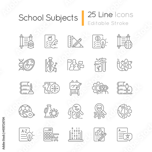 School subjects linear icons set. Humanities and applied sciences. Social science learning in schools. Customizable thin line contour symbols. Isolated vector outline illustrations. Editable stroke