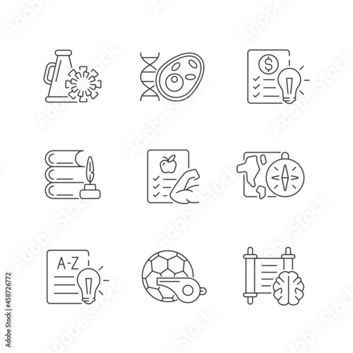 Various school subjects linear icons set. Humanities and applied sciences. Health course. Customizable thin line contour symbols. Isolated vector outline illustrations. Editable stroke