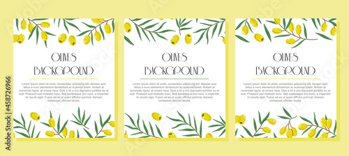 Set of three ready-made minimalistic vertical banners with olives and place for text. Vector illustration.