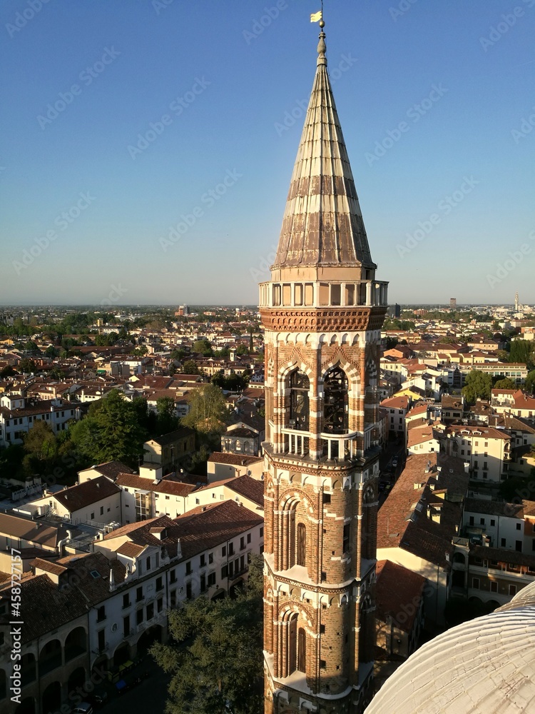 Basilica of Saint Anthony of Padua (Basilica di Sant'Antonio di Padova): detail of the bell tower seen from the Dome and panoramic view of the old town of Padua 
