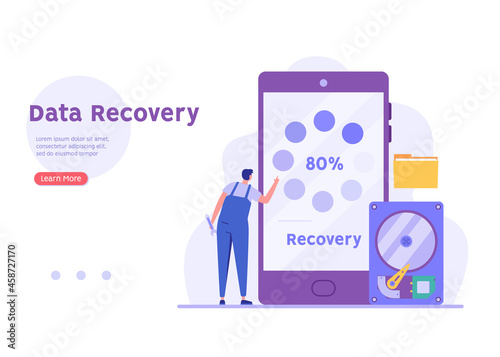 Man in uniform repairing HDD. Restoration process. Data recovery, data storage backup, hardware disk repair service. Vector illustration in flat cartoon design.