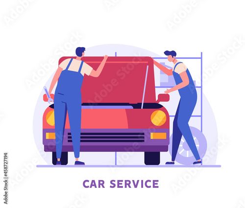 Auto mechanic repairing and checking the broken car with a wrench in a garage. Concept of car repair, vehicle inspection, auto service. Vector illustration in flat design.