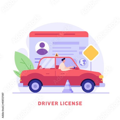 instruction, practice, beginner, learning, auto, transport, driving school, exam, training, instructor, driver, sign, school, test, road, traffic, people, lesson, illustration, flat, education, transp