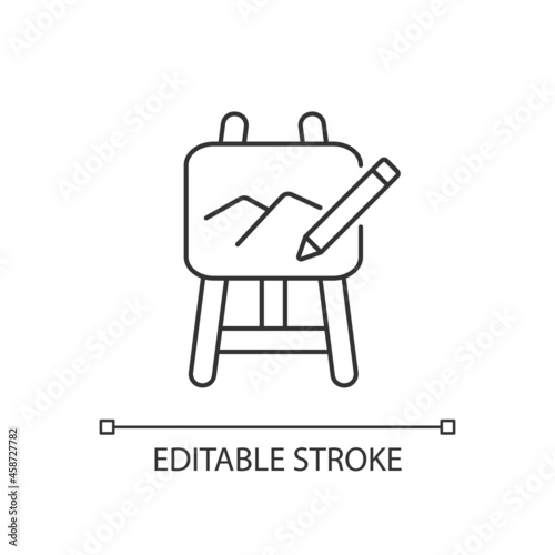 Art linear icon. Painting on drawing easel, pencil. Hands-on creative project in class. Thin line customizable illustration. Contour symbol. Vector isolated outline drawing. Editable stroke