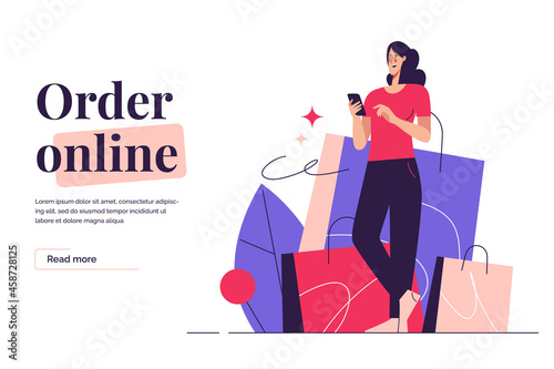 Vector illustration depicting a young woman with phone standing on the background of shopping bags. Editable stroke