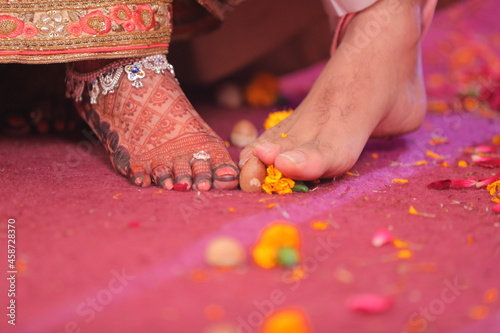 indian wedding full story with bridal and groom start to end with fashion & tasty food, jewelry & decoration saptapadi samayu javtal ganesh Puja beautiful background all wedding rituals sindur photo