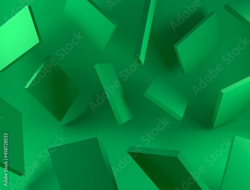 Green background of geometric shapes. Minimalistic style. 3D rendering.