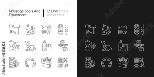 Massage tools and equipment linear icons set for dark and light mode. Devices for stimulating neck and back. Customizable thin line symbols. Isolated vector outline illustrations. Editable stroke
