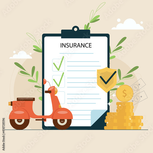 Scooter insurance. Motorcycle, moped or motorbike protection in case of road accident. Save money after traffic crash concept. Paper agreement document with shield icon.
