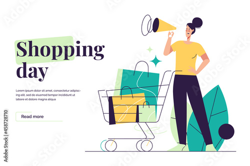 Vector illustration depicting a young woman with loudspeaker and shopping cart. Editable stroke