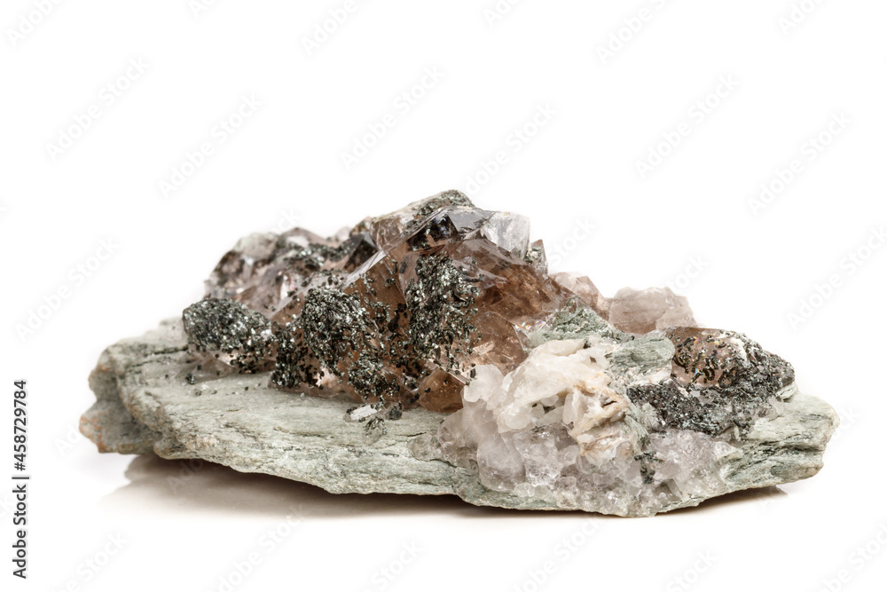 Macro mineral stone quartz chlorite Palygorskite rock on a white background Macro mineral stone quartz chlorite Palygorskite rock on a white background
