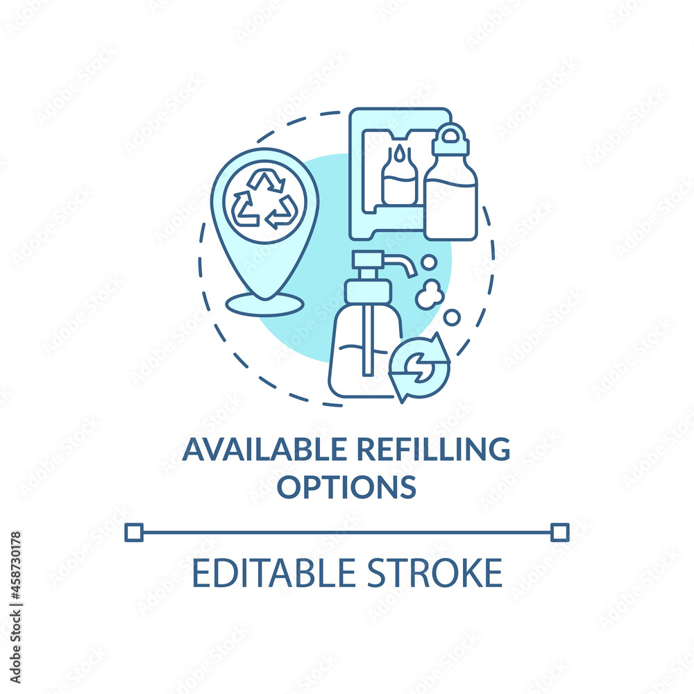 Available refilling options concept icon. City solution abstract idea thin line illustration. Decreasing environmental footprint. Vector isolated outline color drawing. Editable stroke Available refilling options concept icon. City solution abstract idea thin line illustration. Decreasing environmental footprint. Vector isolated outline color drawing. Editable stroke