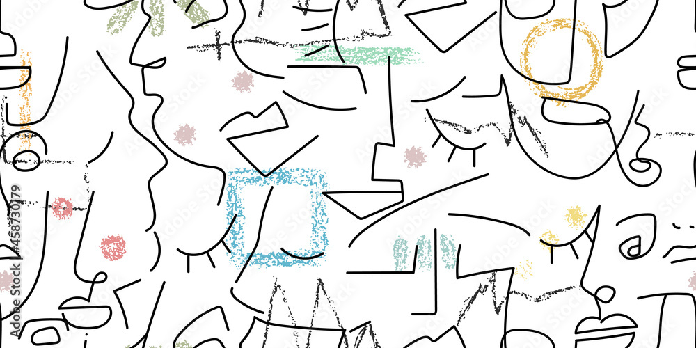 One line drawing. Abstract face seamless pattern.