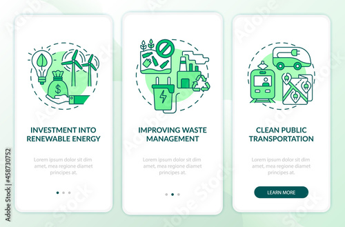Prevent climate change onboarding mobile app page screen. Alternative energy walkthrough 3 steps graphic instructions with concepts. UI, UX, GUI vector template with linear color illustrations