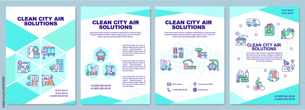 Naklejka premium Clean city air solutions brochure template. Air purification system. Flyer, booklet, leaflet print, cover design with linear icons. Vector layouts for presentation, annual reports, advertisement pages