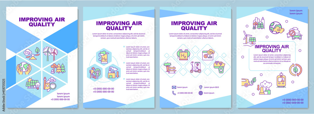 Improving air quality brochure template. Reduce carbon emissions. Flyer, booklet, leaflet print, cover design with linear icons. Vector layouts for presentation, annual reports, advertisement pages