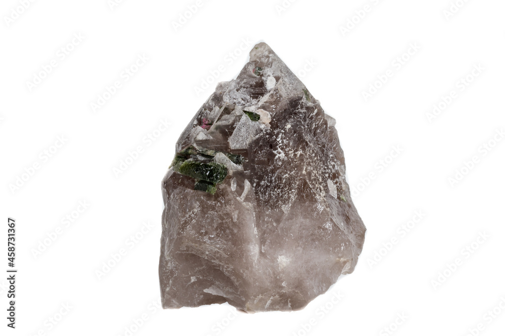 Macro mineral tourmaline stone in quartz on a white background