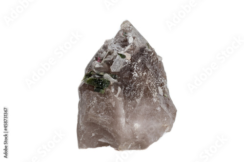 Macro mineral tourmaline stone in quartz on a white background