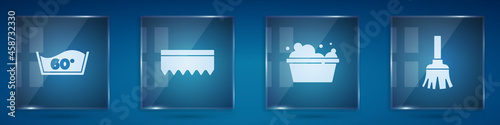 Set Temperature wash, Sponge, Basin with soap suds and Feather broom. Square glass panels. Vector