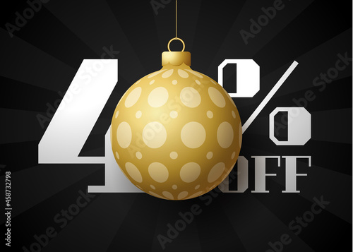 Merry christmas big Sale banner. Luxury Christmas Sale 40 percent off black royal banner template with decorated golden ball hang on a thread. Happy new year and xmas Vector illustration
