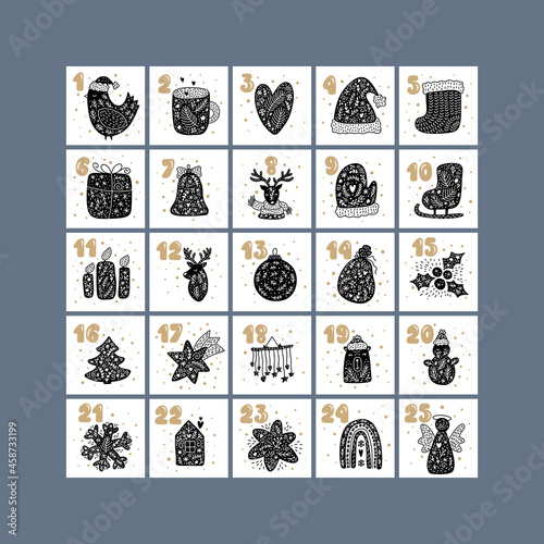 Merry Christmas vector advent scandinavian calendar with hand drawn winter design elements bird, mug, heart, hat, boot, gift bell, deer, candles, ball, star, snowman, house, snowflake, rainbow, angel