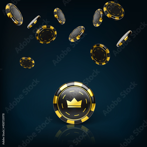 Falling black and gold poker chips. Realistic 3d design casino chips isolated on white background. Design element for casino. Vector