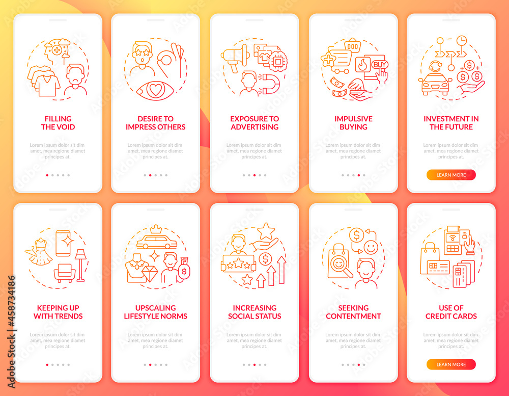 Naklejka premium Consumerism red gradient onboarding mobile app page screen set. Excessive buying walkthrough 5 steps graphic instructions with concepts. UI, UX, GUI vector template with linear color illustrations