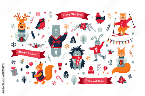 Set of cute Christmas forest animals. Vector illustration