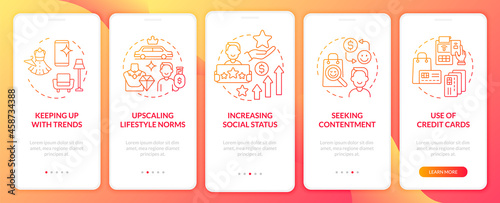 Consumerism motivation red gradient onboarding mobile app page screen. Purchasing walkthrough 5 steps graphic instructions with concepts. UI, UX, GUI vector template with linear color illustrations