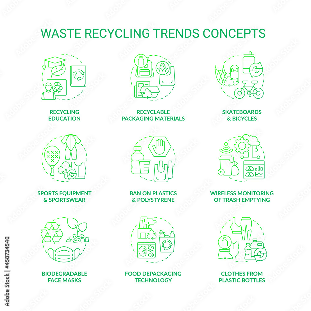 Trends in trash recycling and upcycling concept icons set. Environmental preservation. Reduction in global pollution idea thin line color illustrations. Vector isolated outline drawings Trends in trash recycling and upcycling concept icons set. Environmental preservation. Reduction in global pollution idea thin line color illustrations. Vector isolated outline drawings