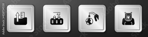 Set Rise in water level, Deforestation, Gas pump nozzle and globe and Polar bear head icon. Silver square button. Vector photo