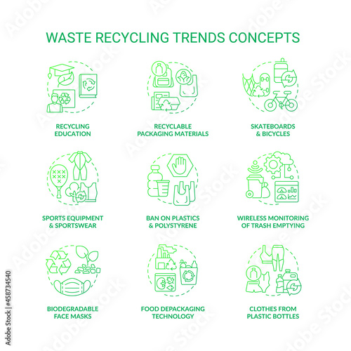 Trends in trash recycling and upcycling concept icons set. Environmental preservation. Reduction in global pollution idea thin line color illustrations. Vector isolated outline drawings