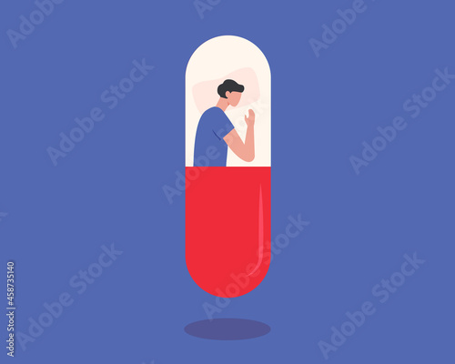 Young male character sleeping in a sleeping pill. Man suffering from sleep disorder and insomnia concept.Antidepressants.Depression.Addiction. Flat vector illustration