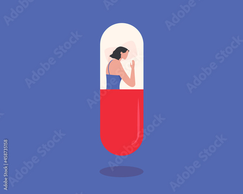 Young female character sleeping in a sleeping pill. Woman suffering from sleep disorder and insomnia concept.Antidepressants.Depression.Addiction. Flat vector illustration