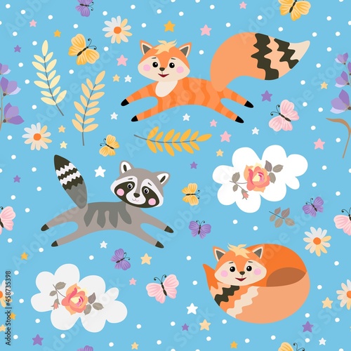Cute seamless pattern with foxes and raccoon among flowers, leaves and stars on light blue background.