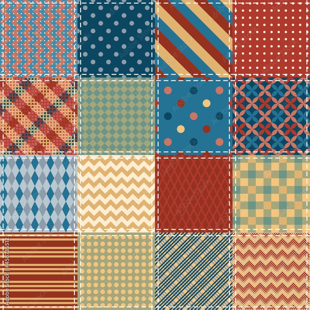 Seamless patchwork pattern from square patches with geometric ornaments.