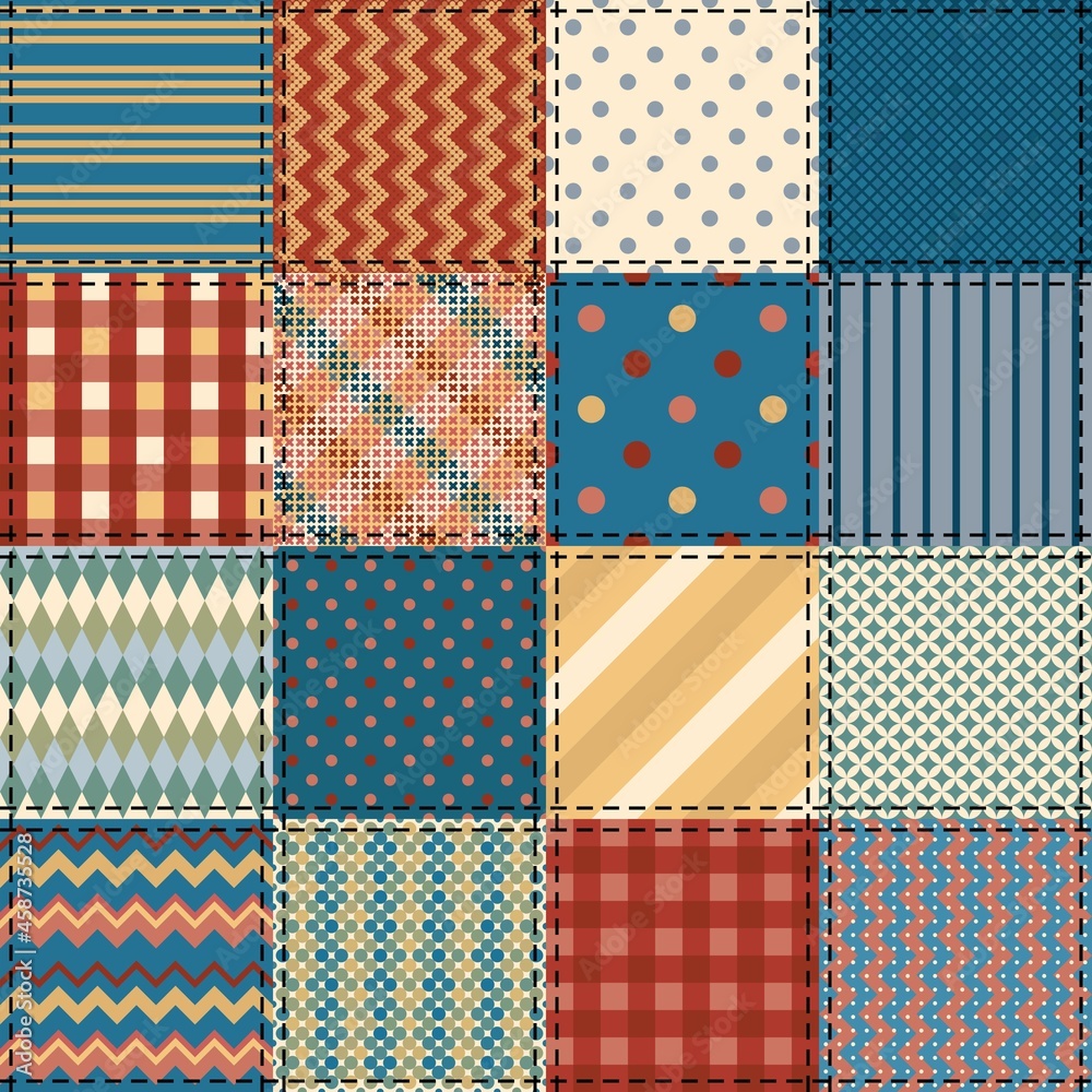 Seamless patchwork pattern from square patches. Quilt design.