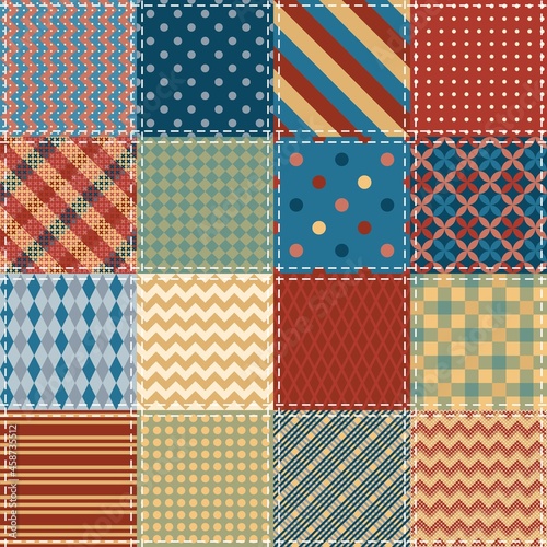 Seamless patchwork pattern from square patches with geometric ornaments.