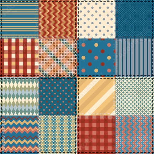 Seamless patchwork pattern from square patches. Quilt design.