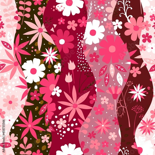 Seamless ornament with flowing waves with flowers in pink colors. Original floral patchwork pattern. Fashion print for fabric.