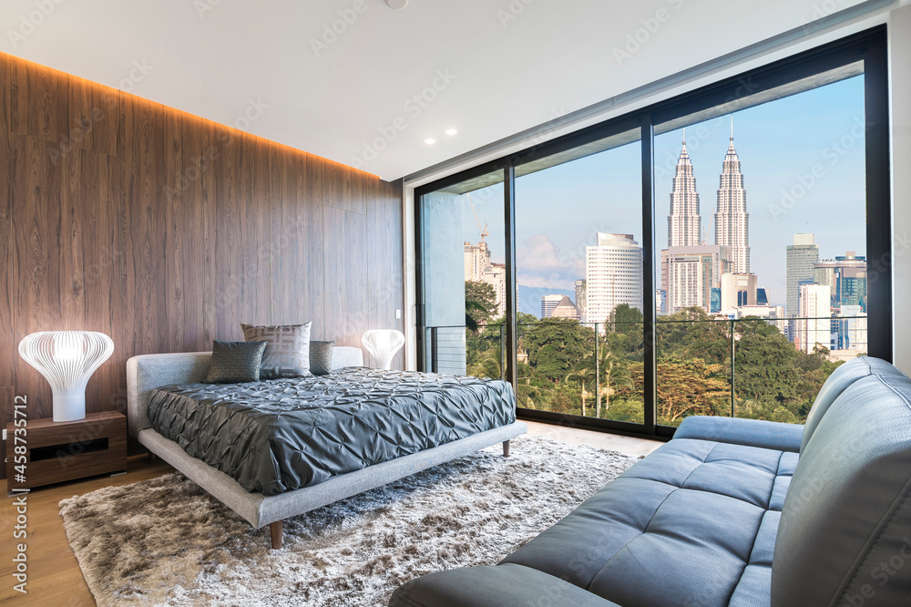 Fototapeta premium Modern and contemporary bedroom with white ceiling and wood accents with views of Kuala Lumpur skyline. Condo or Hotel accomodation.