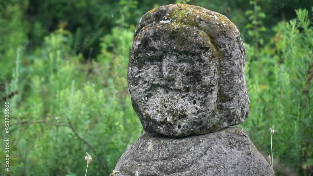 An ancient statue of a stone woman in dense thickets of steppe grass in the rain. An ancient statue of a stone woman in dense thickets of steppe grass in the rain.