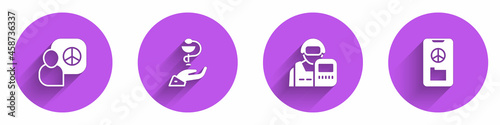 Set Peace talks, Caduceus snake medical, Police officer and icon with long shadow. Vector