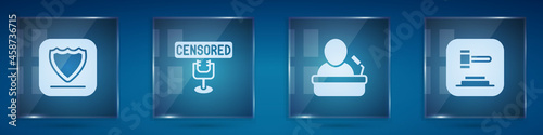 Set Shield, Censored stamp, Speaker and Judge gavel. Square glass panels. Vector