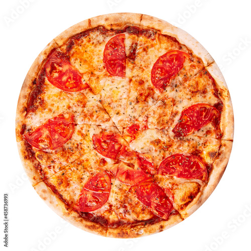Isolated fresh margherita pizza with tomatoes on white background