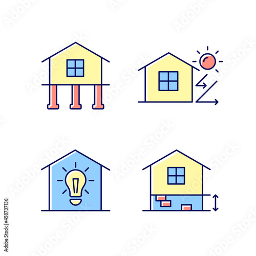 Residential building RGB color icons set. Pile foundation. Thermal insulation. Electricity supply to home. Adequate plinth height. Isolated vector illustrations. Simple filled line drawings collection
