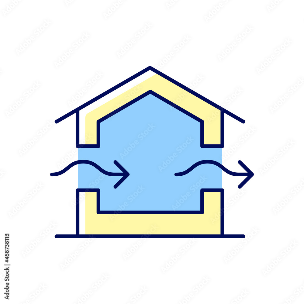 Ventilation system RGB color icon. Providing natural ventilation in building. Improving indoor air quality. Preventing condensation in house. Isolated vector illustration. Simple filled line drawing Ventilation system RGB color icon. Providing natural ventilation in building. Improving indoor air quality. Preventing condensation in house. Isolated vector illustration. Simple filled line drawing
