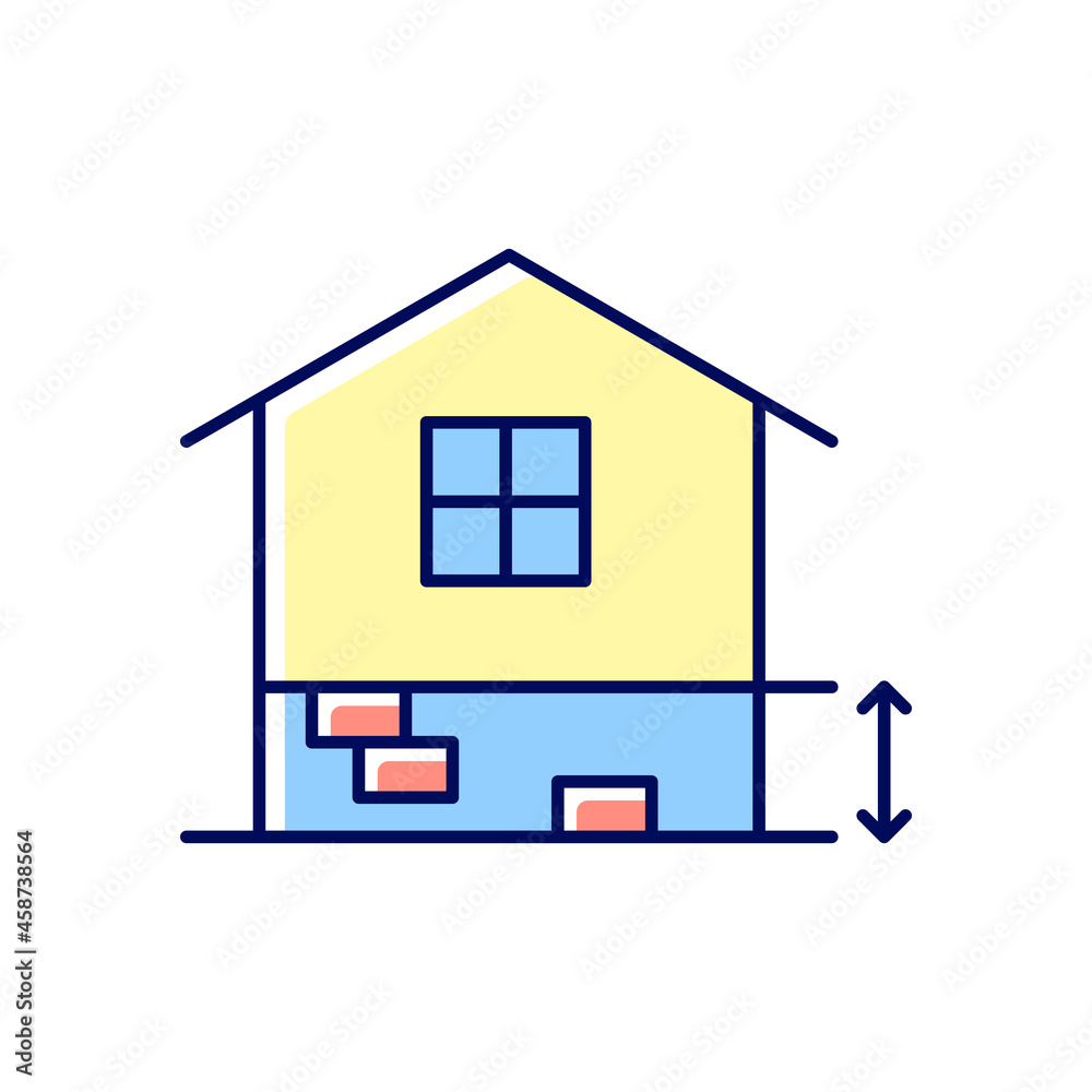 Adequate plinth height RGB color icon. Foundation construction. Footing depth. Building regulation. Bearing capacity. Residential construction. Isolated vector illustration. Simple filled line drawing Adequate plinth height RGB color icon. Foundation construction. Footing depth. Building regulation. Bearing capacity. Residential construction. Isolated vector illustration. Simple filled line drawing